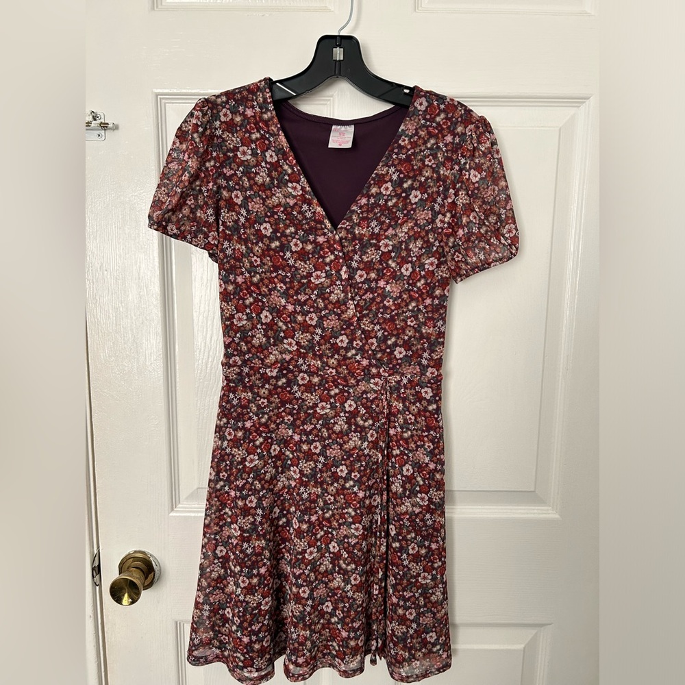 No Boundaries Maroon Floral Wrap-Style Dress
